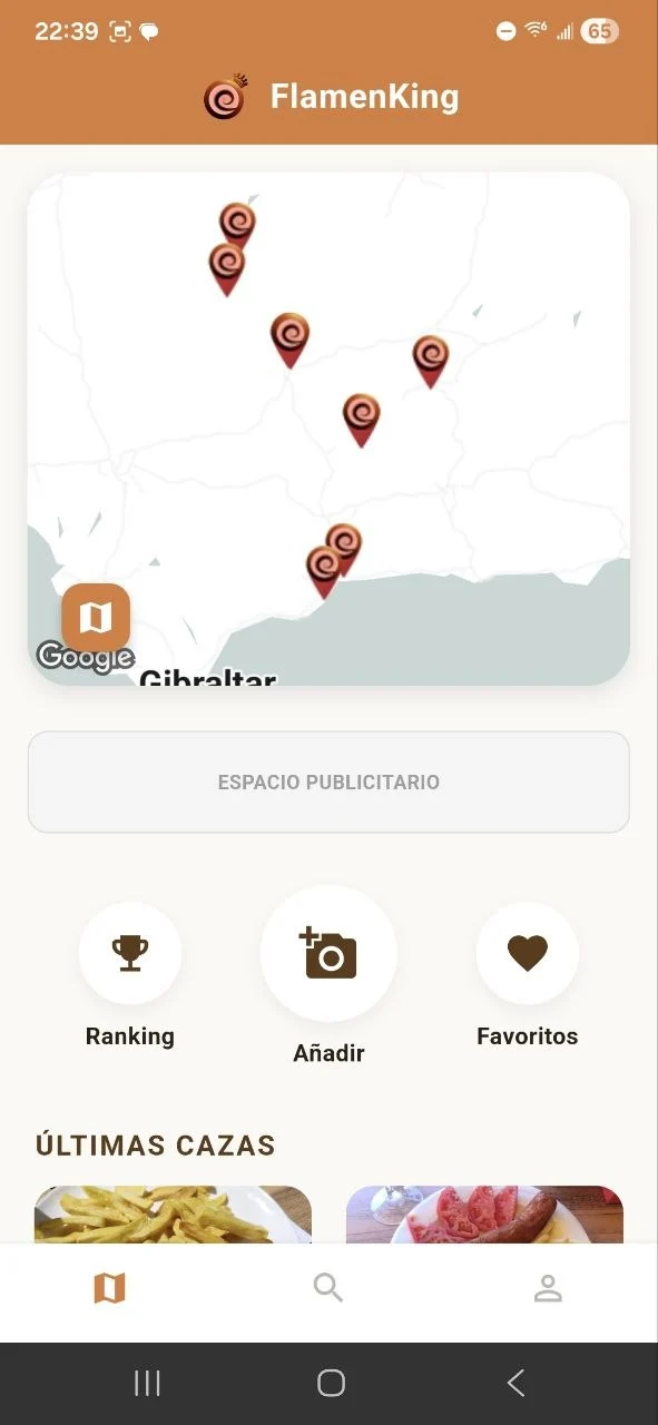 Captura de pantalla de la app FlamenKing mostrando un mapa con restaurantes.