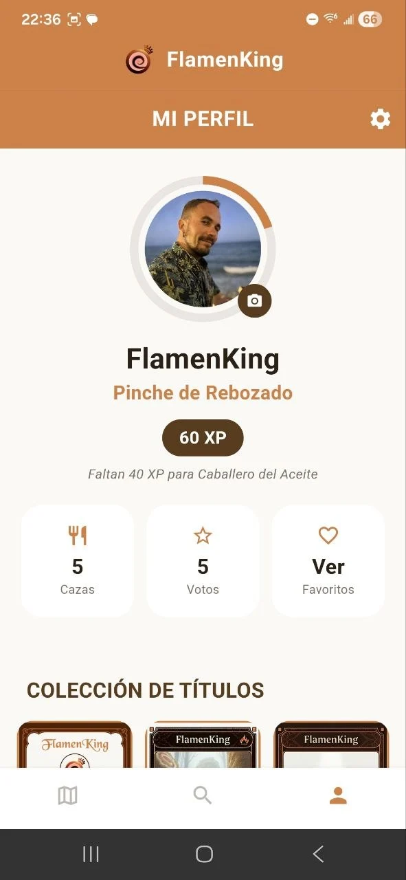 Perfil de usuario en FlamenKing con medallas y nivel de catador.